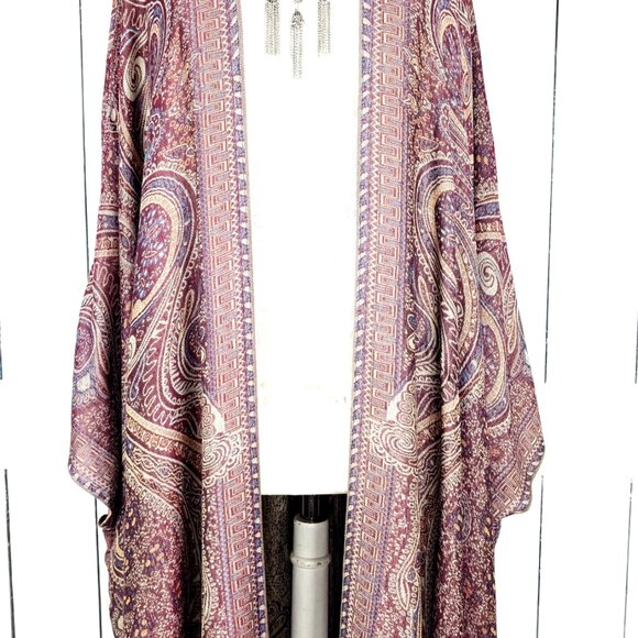 Grey burgundy tribal paisley pashmina kimono cover up jacket - Picture 3 of 6
